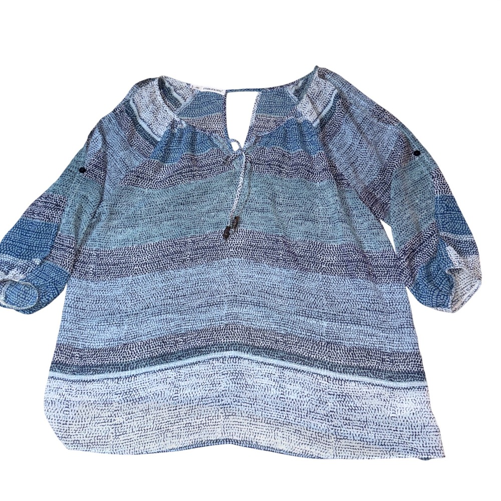 Maurices Blouse 2X Blue Abstract Animal Print Roll Tab open Sleeve Keyhole Top